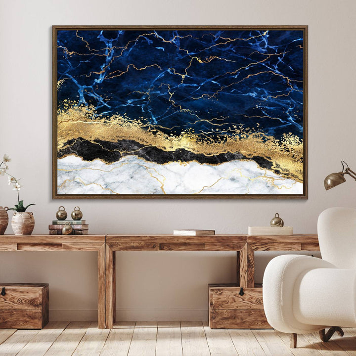 Navy Blue Marble Fluid Effect Canvas Wall Art, featuring a gold and white abstract design, adds a finishing touch to your modern kitchen decor.