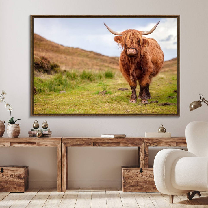 A Highland Cow Animal Canvas Wall Art hangs on the wall, adding warmth to the room.