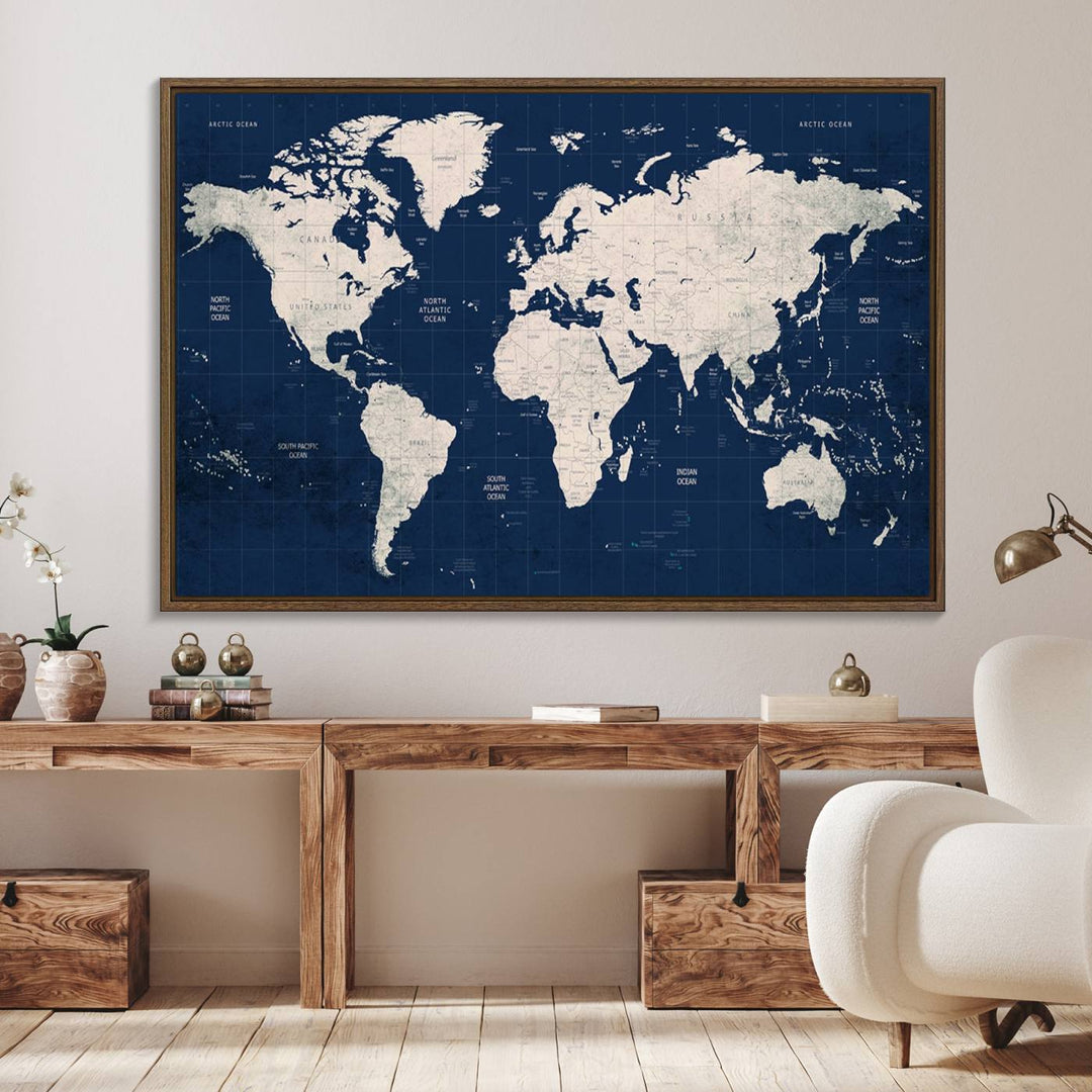 Large modern world map wall art canvas print in beige and navy; showcases a 3-panel vintage map design and is ready to hang.