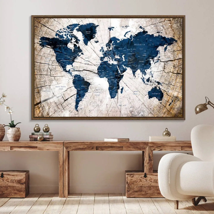 The living room exudes style with the Blue World Map Canvas Wall Art, a rustic-style triptych that's prominently displayed on the wall. This global decor piece adds an elegant touch to the space.