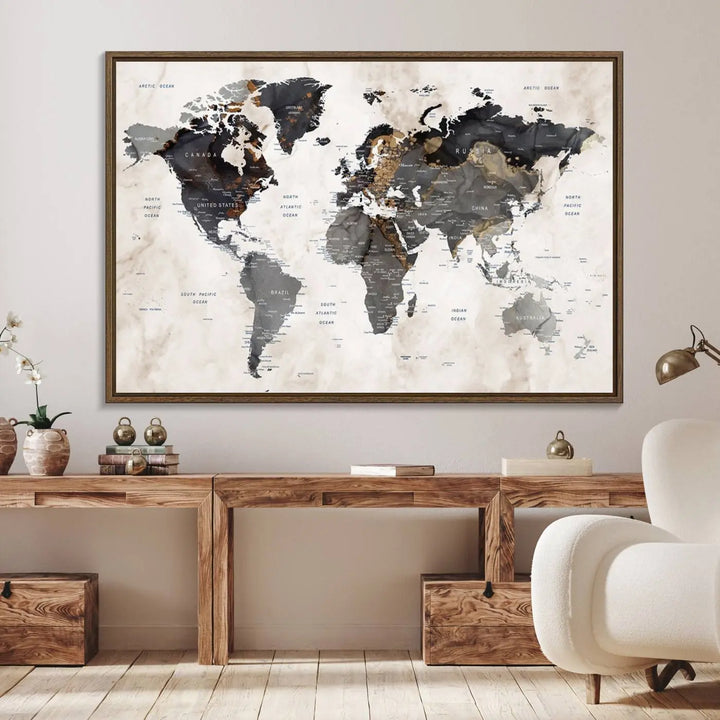 The dining room wall is adorned with the World Map Canvas Print – Earthy Triptych Wall Art, a vintage global map decor featuring dark continents.