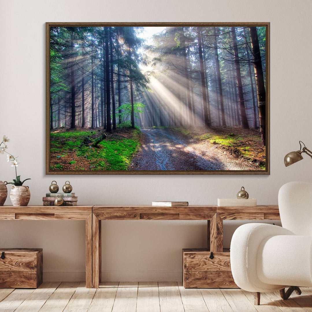 The dining area features a 3-panel Forest Path Canvas showcasing sun rays filtering through a misty forest.