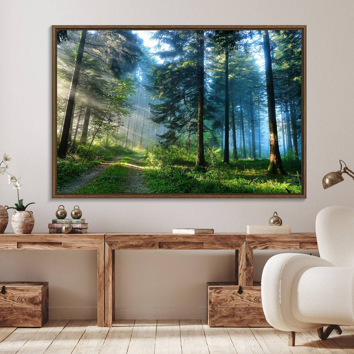 Enhancing the space is the Forest Sun Shine wall art canvas print, showcasing a serene forest scene.