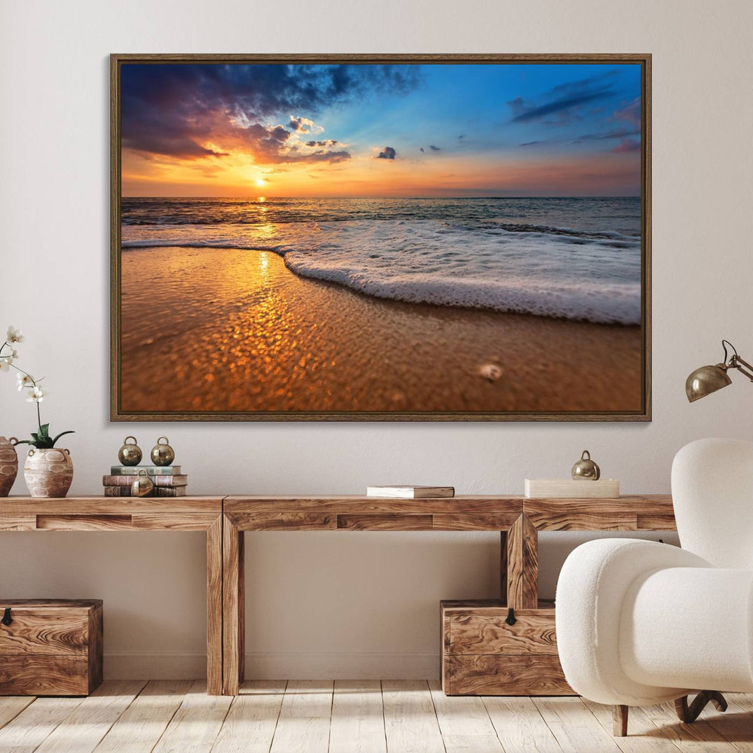 The Golden Sunset Beach Waves Triptych adds a modern coastal touch with its stunning seascape.