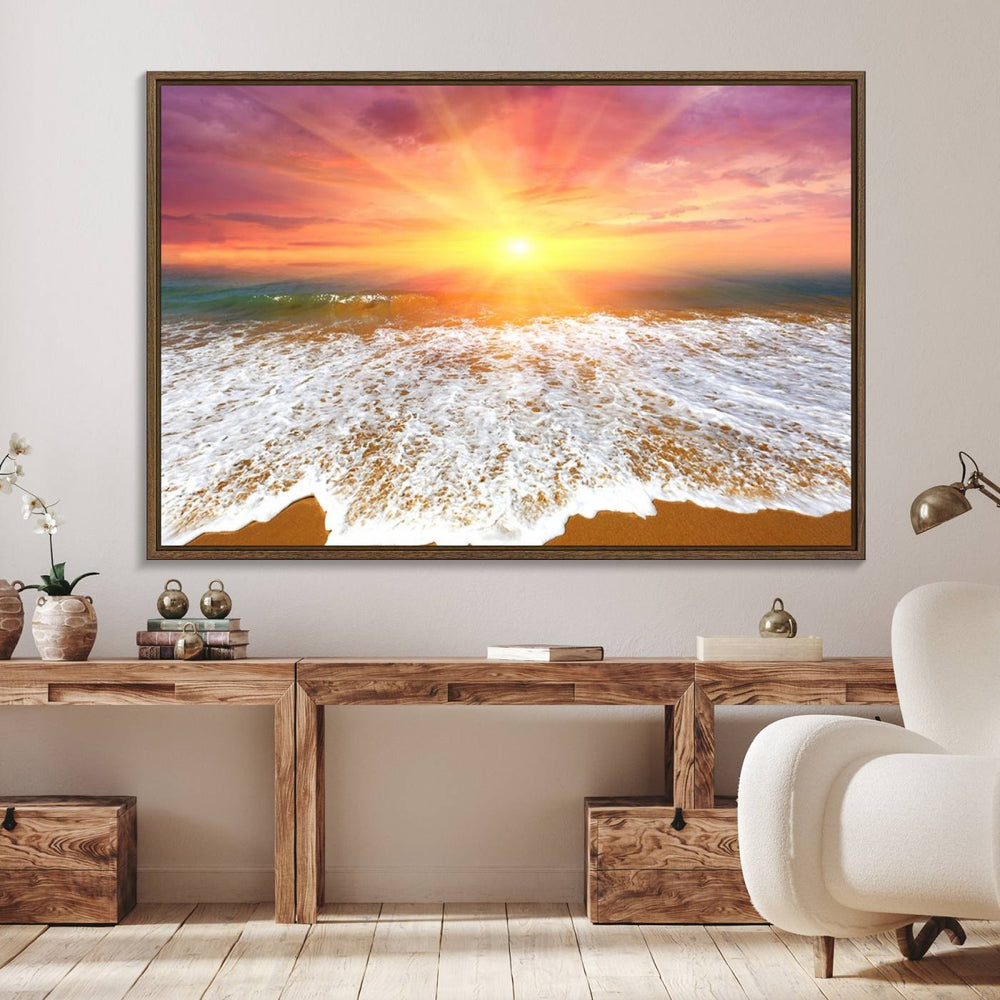 Golden Beach Sunrise 3-panel canvas art of ocean waves, hung on a wooden wall.