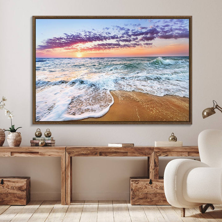 The Vivid Sunset Ocean Waves Triptych hangs on a wooden wall.