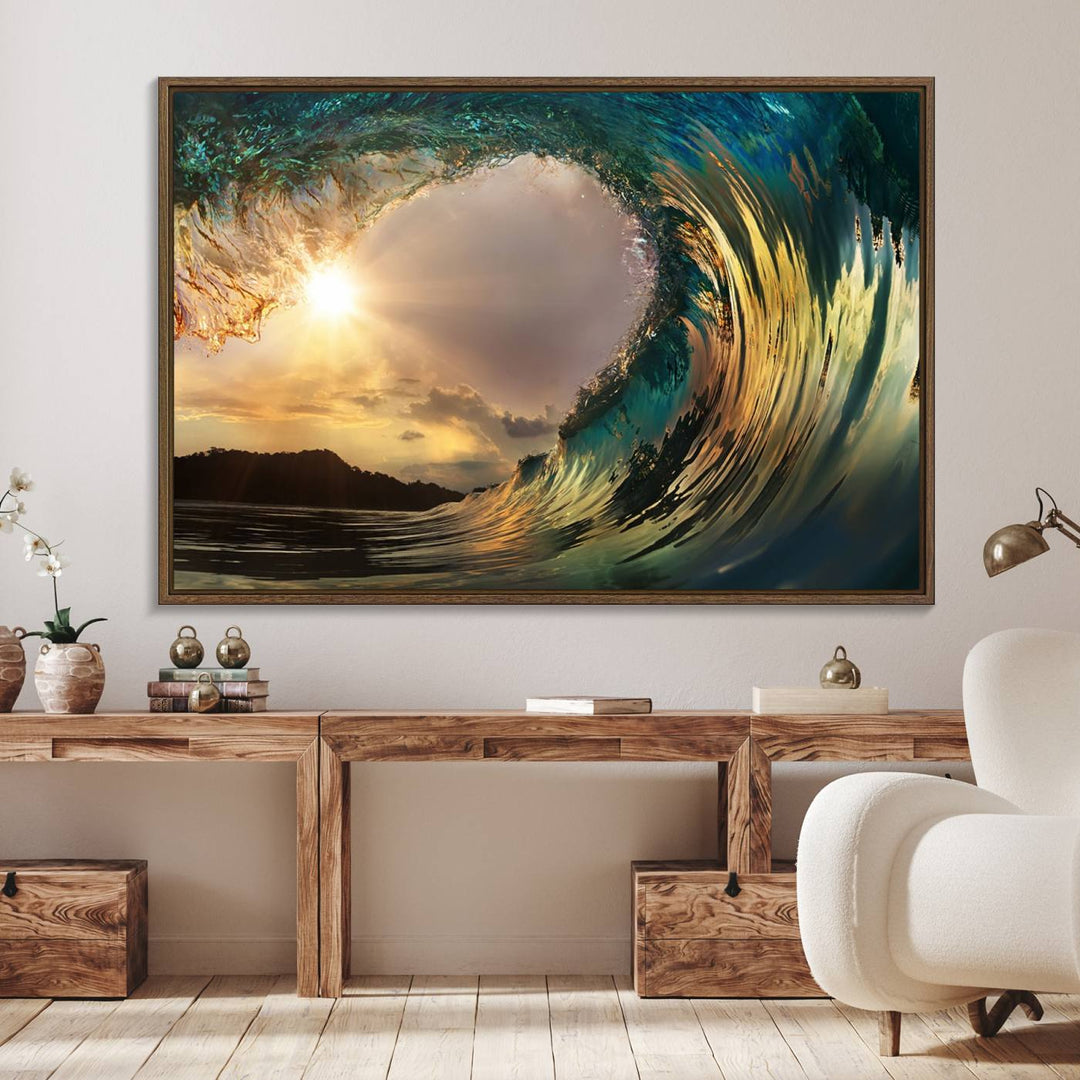 A Golden Wave Sunset Giclee hangs above, showcasing colorful ocean wave art.