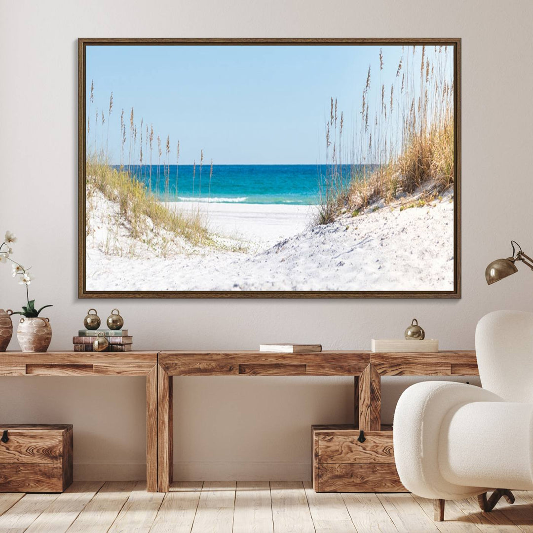 Serene Coastal Dune Path with Ocean View, 3-Panel Beach Canvas Art; tranquil seascape for coastal decor.