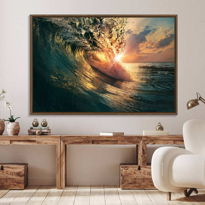 A triptych seascape titled Ocean Wave Sunset Canvas, featuring a stunning ocean view at sunset, is beautifully framed and ready to hang.