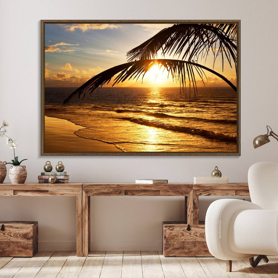 Golden Tropical Beach Sunset Canvas Triptych: Coastal Palm Art & Giclee Print with Gallery Wrap, capturing golden waves.