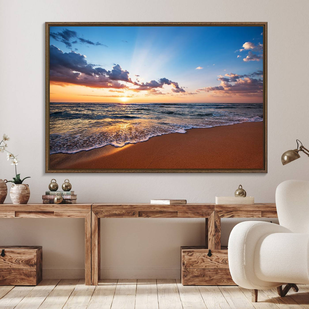 The living room showcases a Serene Ocean Sunset Canvas Print.