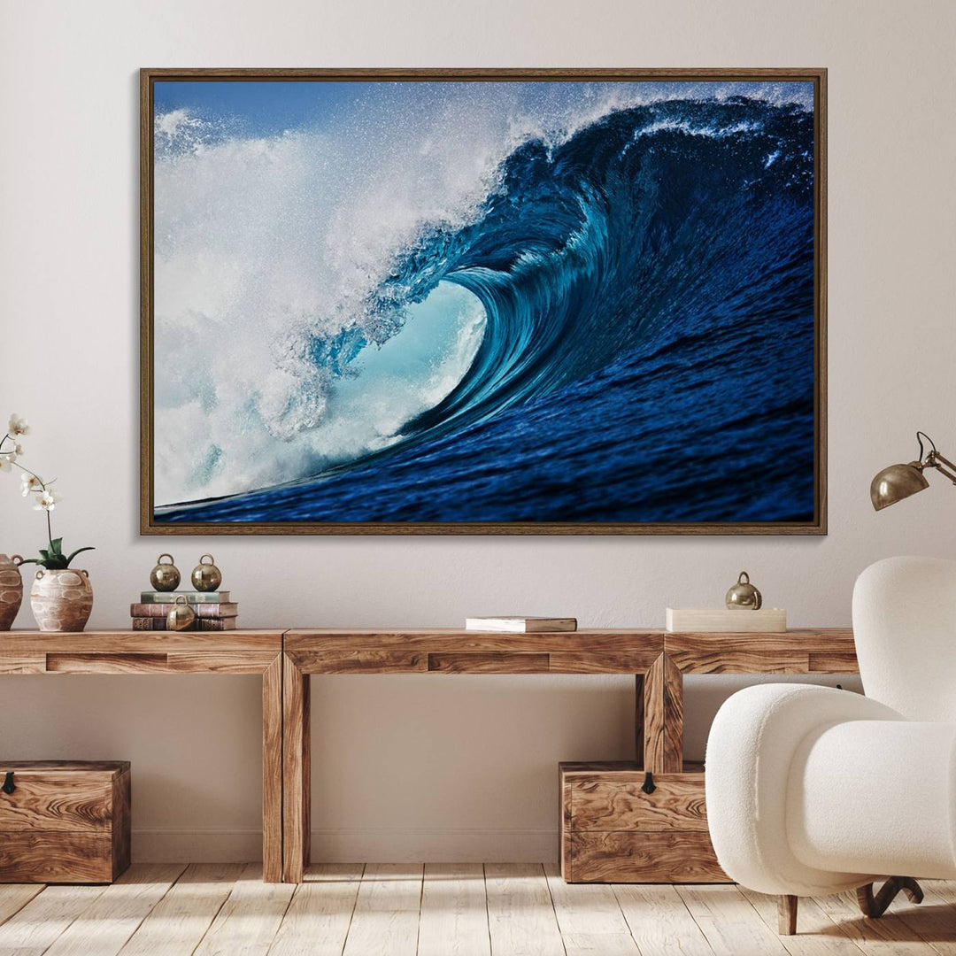 Ocean Wave at Sunset Canvas: A vibrant coastal art piece perfect for modern minimalist decor.