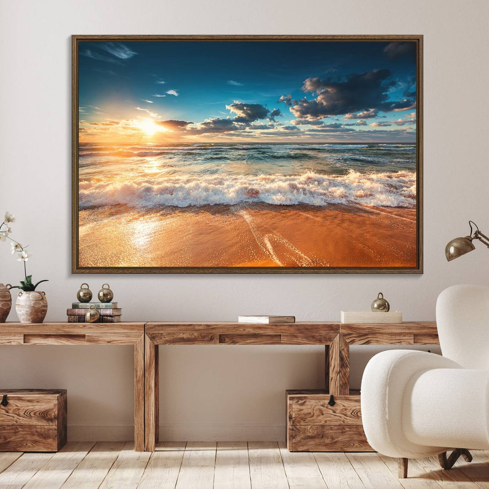 A Golden Sunset Beach Triptych Canvas Art hangs on a white wall.