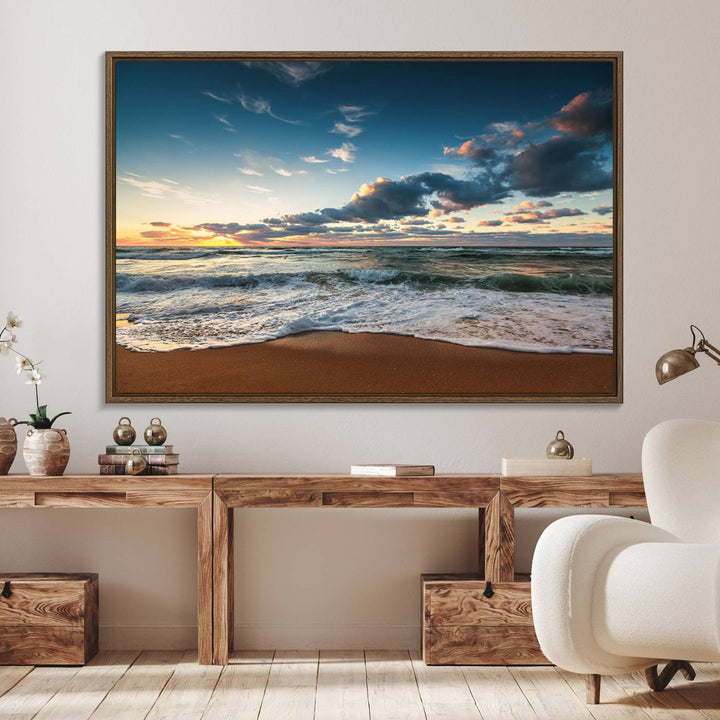 Ocean Beach Wall Art Canvas Print hangs prominently.