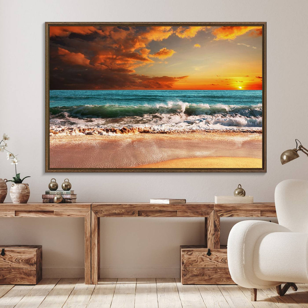 A Golden Sunset Beach triptych seascape canvas hangs on the wall.