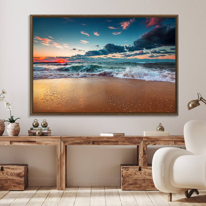 A large 3-panel sunset ocean beach canvas is displayed above the counter.