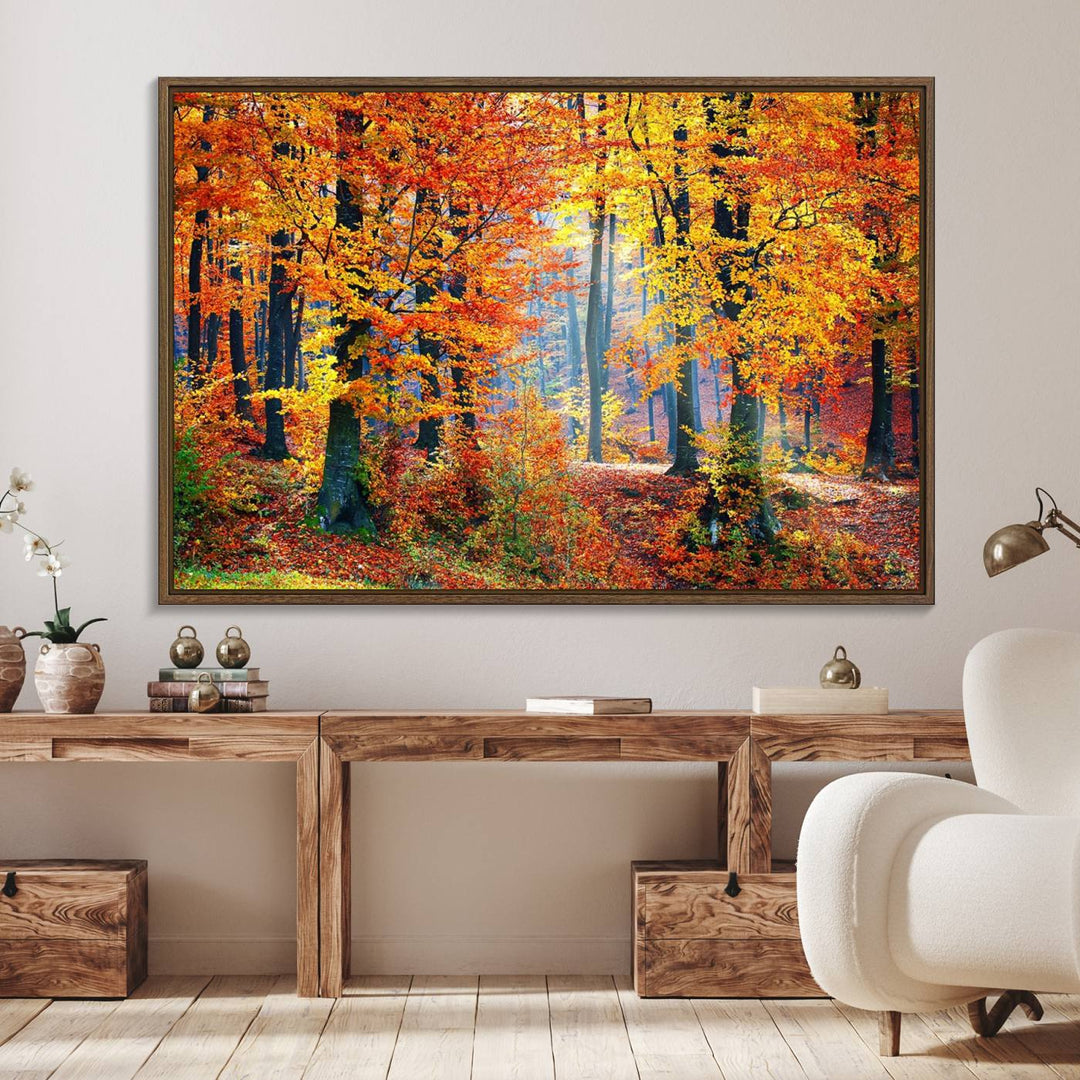 The room features an Autumn Red Forest Triptych Canvas Wall Art.