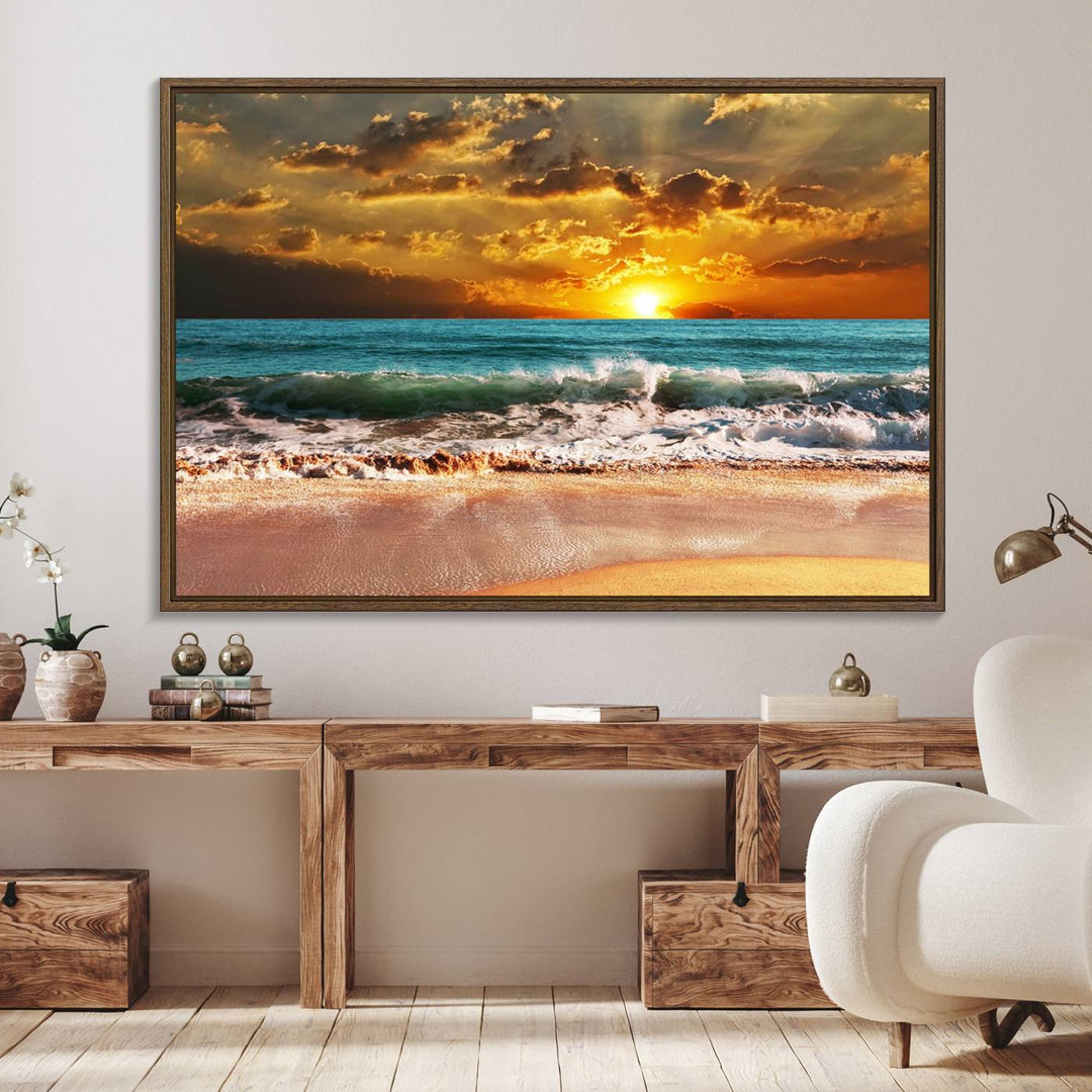 Golden Sunset Beach Canvas Triptych adorns the cozy room, creating a stunning focal point.