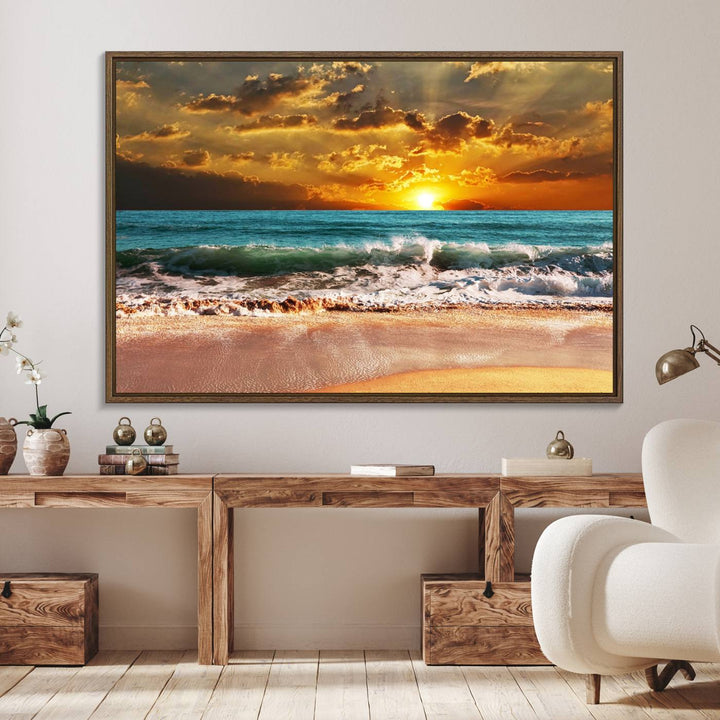 Golden Sunset Beach Canvas Triptych adorns the cozy room, creating a stunning focal point.