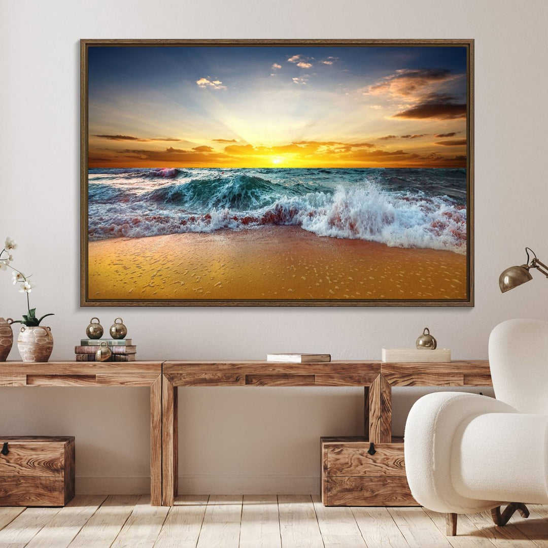 The kitchen features the Golden Sunset Ocean Waves multi-panel coastal wall art canvas.