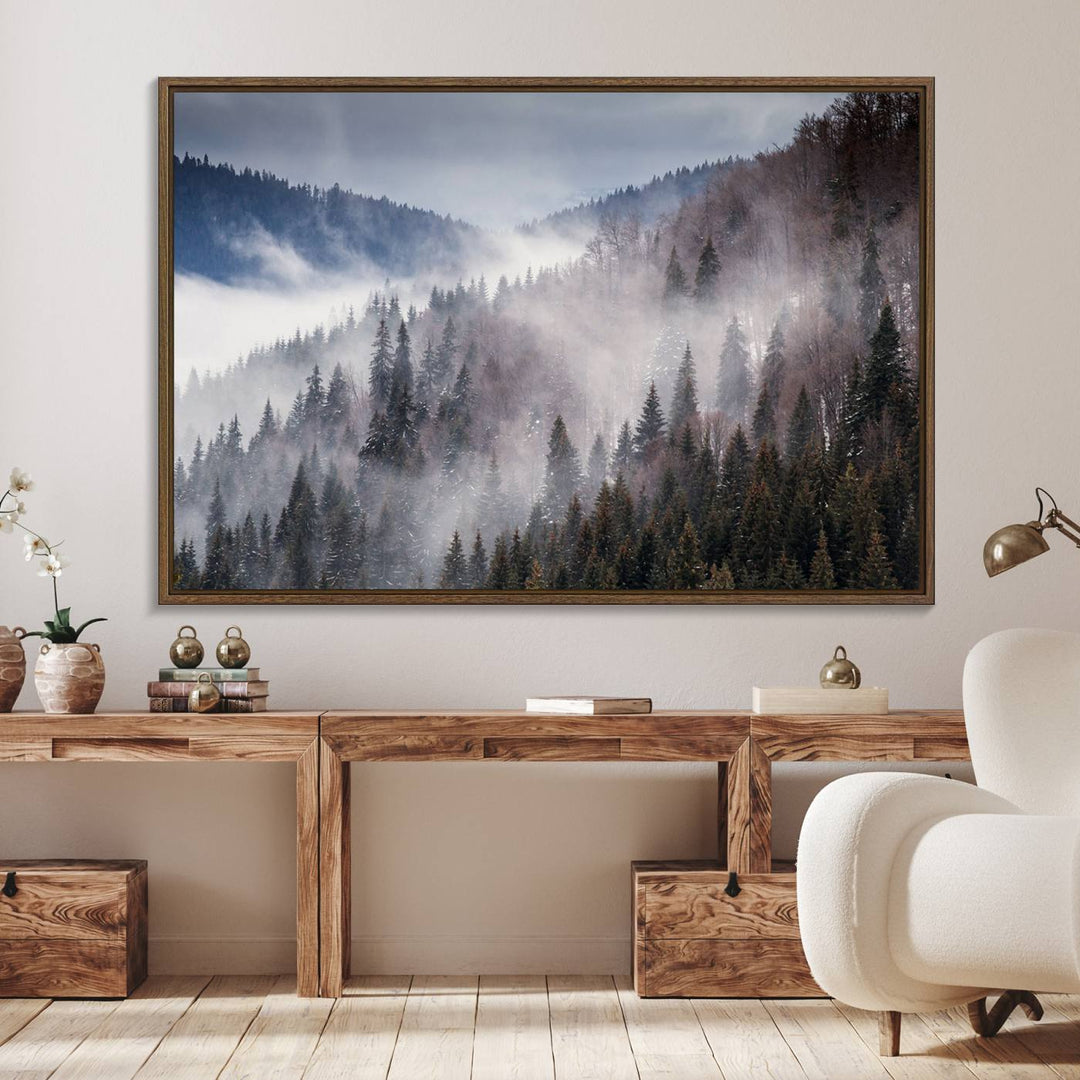 A museum-quality canvas of Beautiful Rising Fog in Winter Mountain Landscape hangs on the wall.