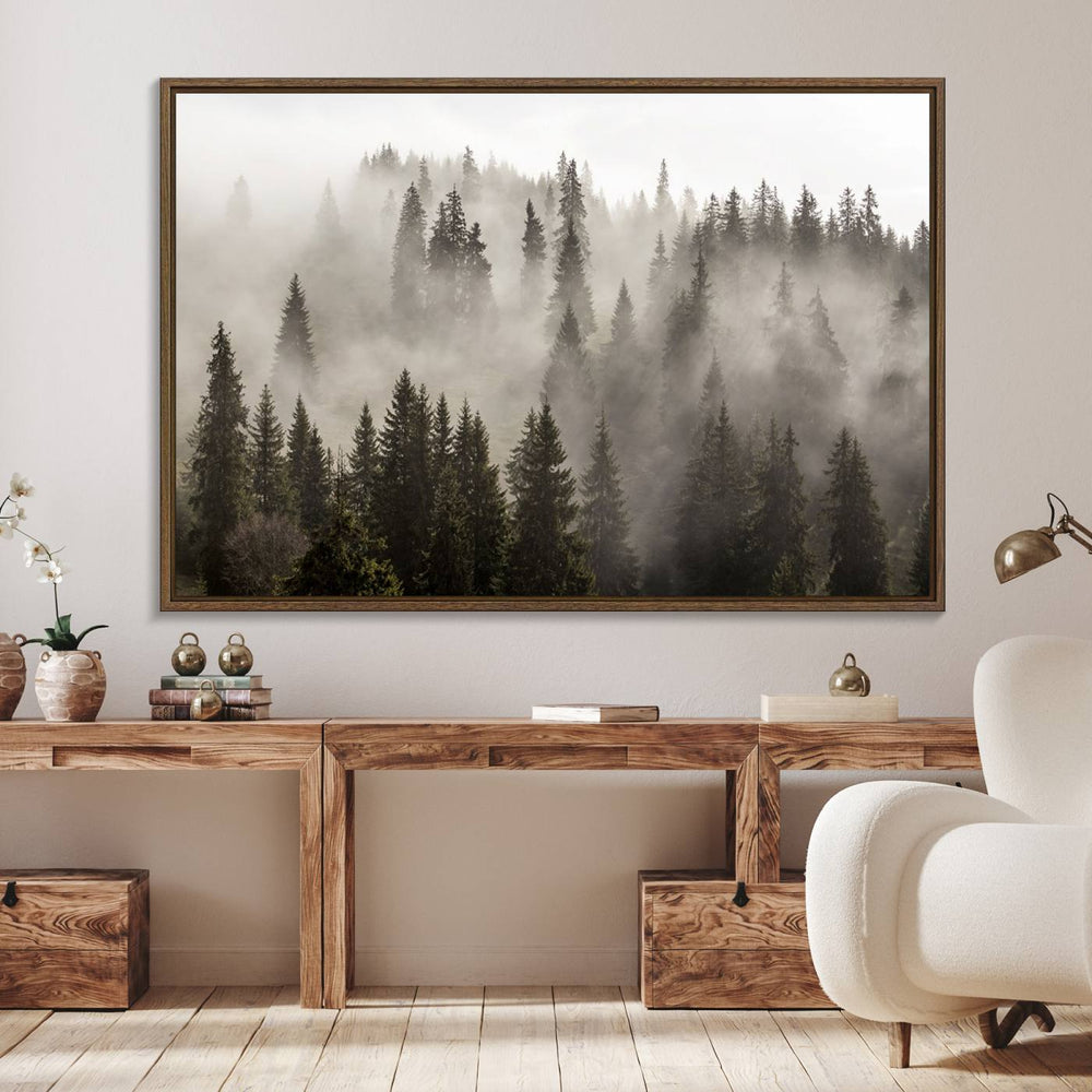 Foggy Mountain Wall Art hangs prominently, adding a touch of elegance to the space.