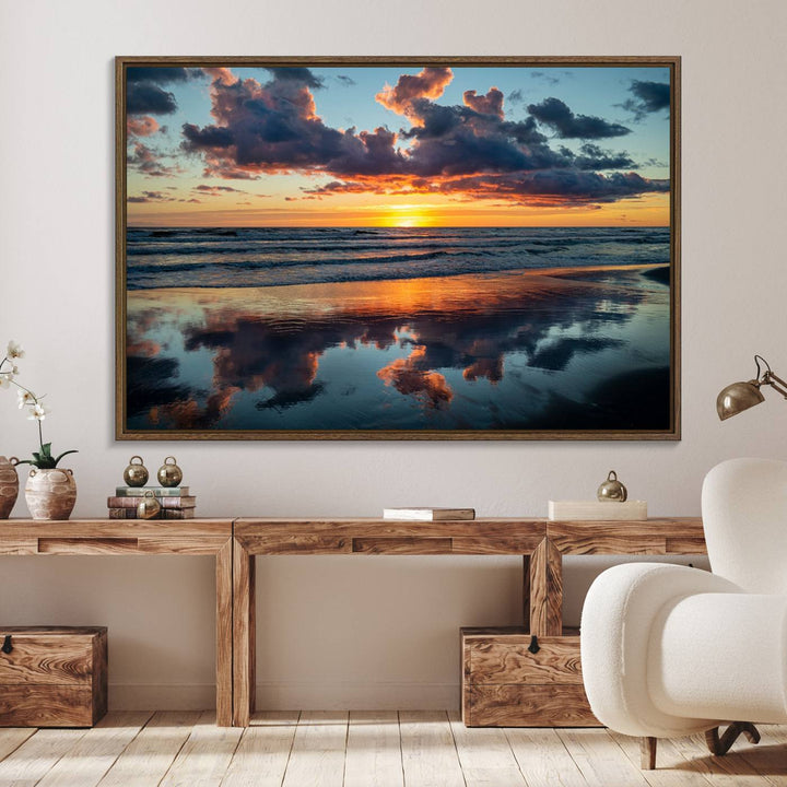 A Beach Sunset Print - Stunning Ocean Canvas Artwork adorns the wall.