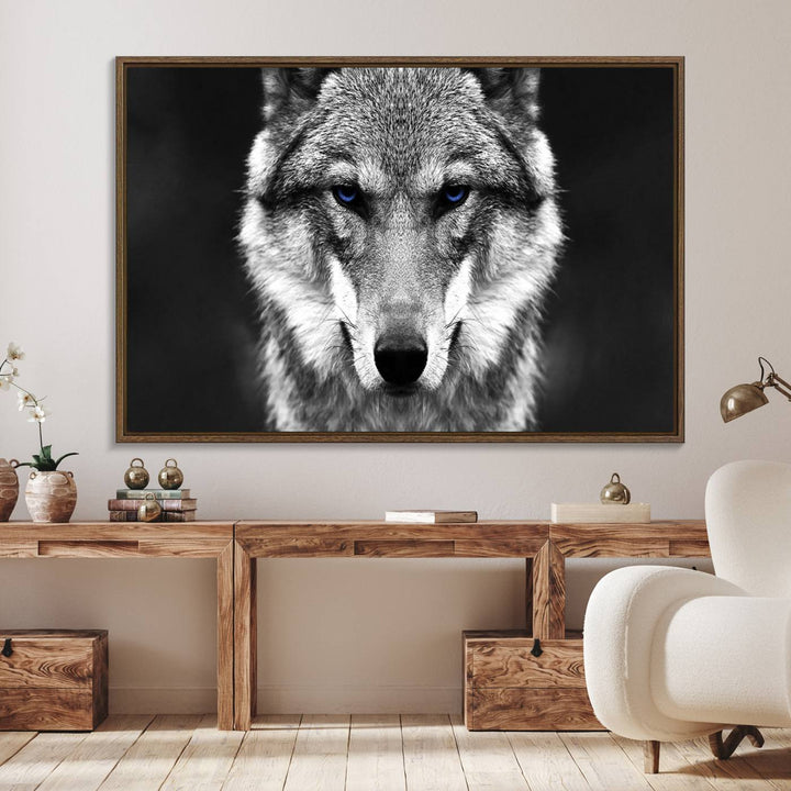 A ready-to-hang Black and White Wild Wolf Wall Art Canvas Print.