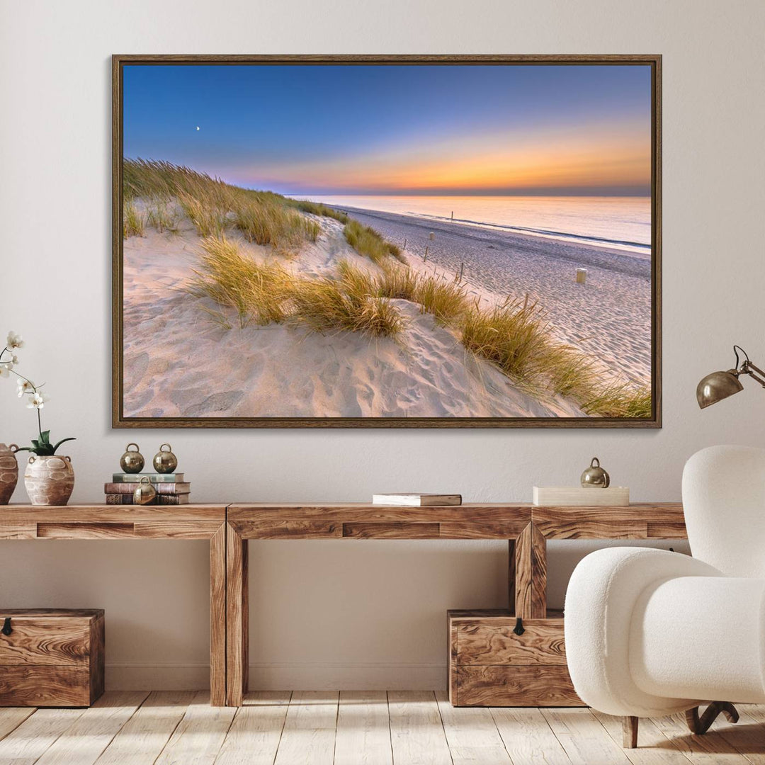 The cozy kitchen features the Sunrise On The Beach canvas art.