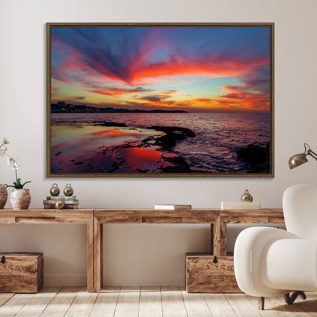 The Glorious Sunset on The Beach canvas print adorns the dining room.