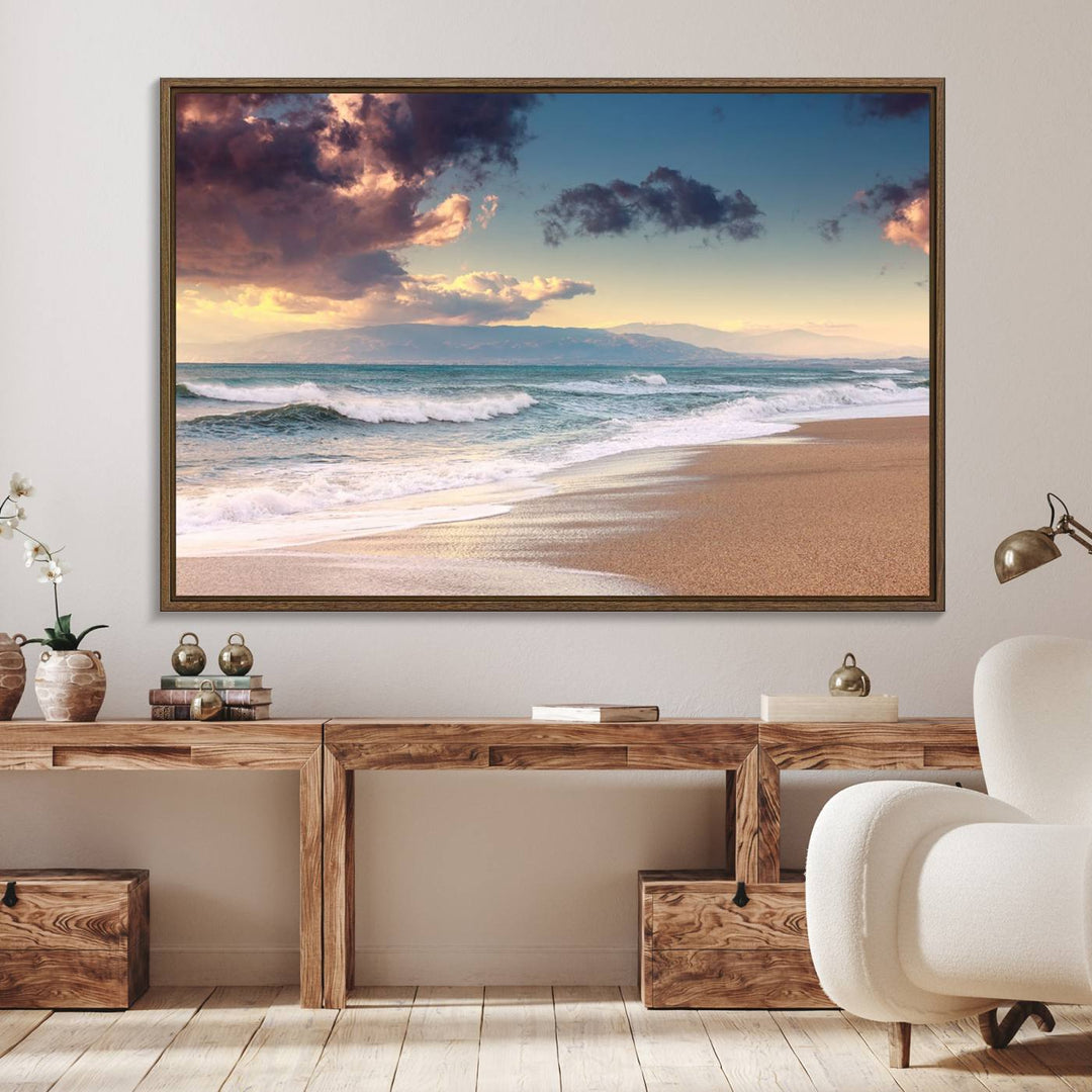 The dining area is enhanced with the Cloudy Weather Beach Sunset Canvas Print.