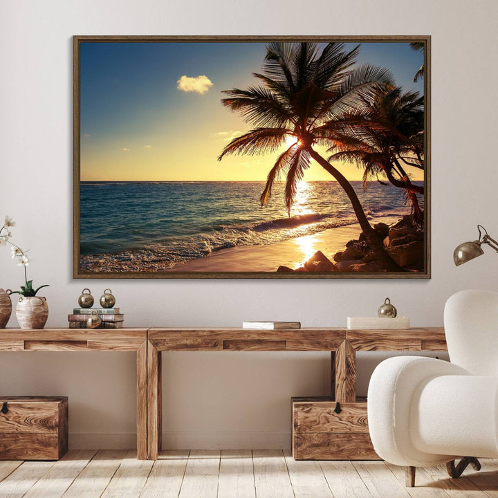 Sunset Palm Trees Wall Art Canvas Print: a serene beach scene on museum-quality canvas.