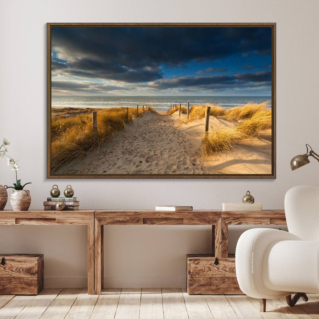 Museum-quality Ocean Beach Dark Clouds canvas print.