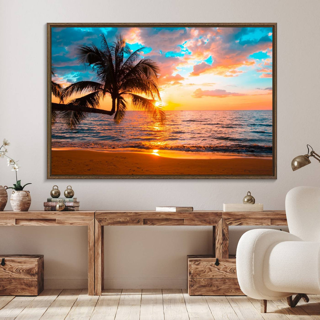 The Palm Tree Sunset On The Beach ready-to-hang canvas wall art—museum quality—brings a serene atmosphere to the room.