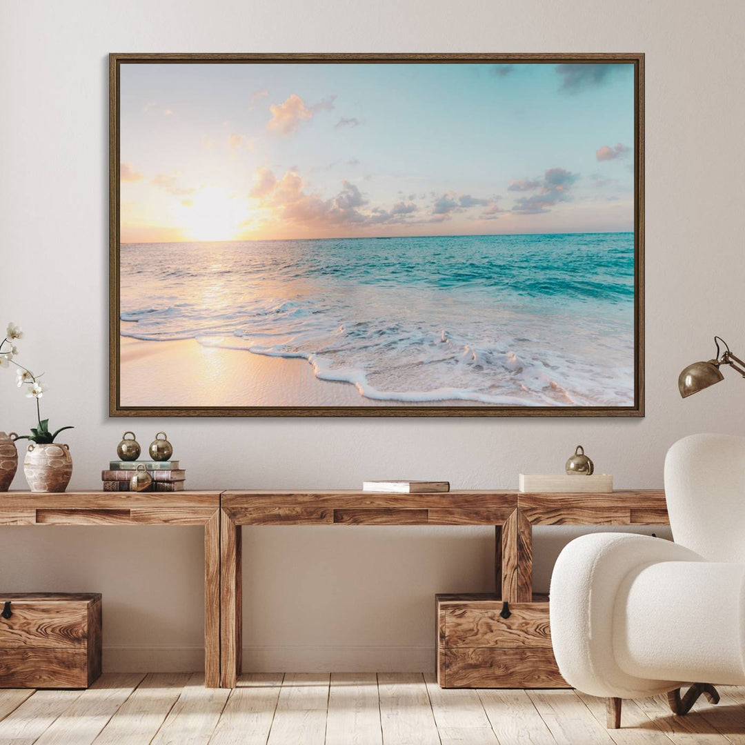 The room features a 3-panel Tranquil Ocean Beach Sunset Canvas Wall Art.