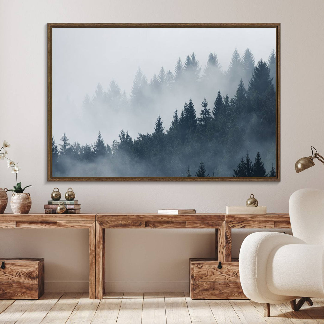 A large Foggy Pine Forest Wall Art Canvas Print.