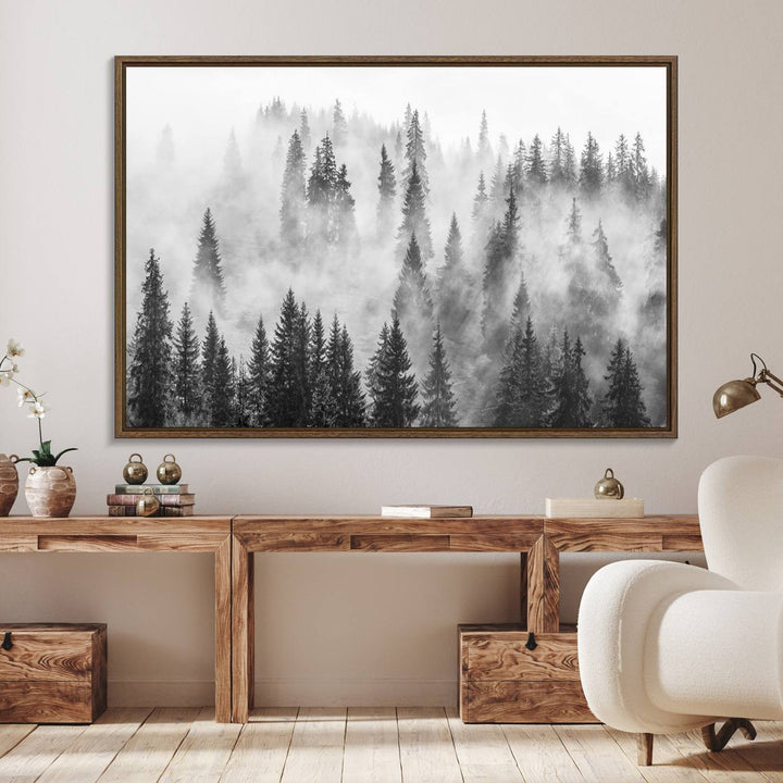 The Forest Wall Art Print hangs prominently, depicting a serene woodland scene.