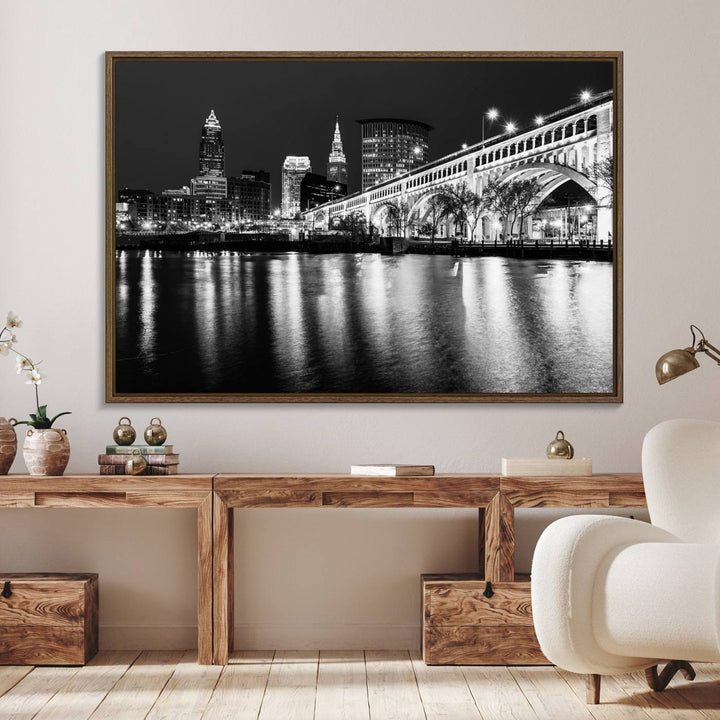 The Cleveland Night Skyline Canvas Print hangs prominently.