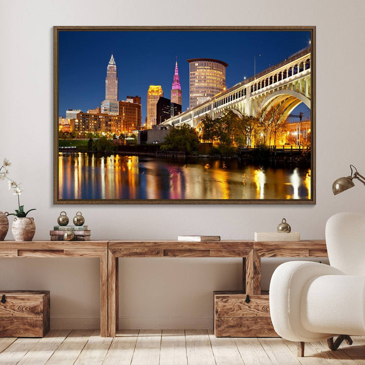 The Cleveland City Lights Canvas showcases a lit-up bridge and cityscape at night.