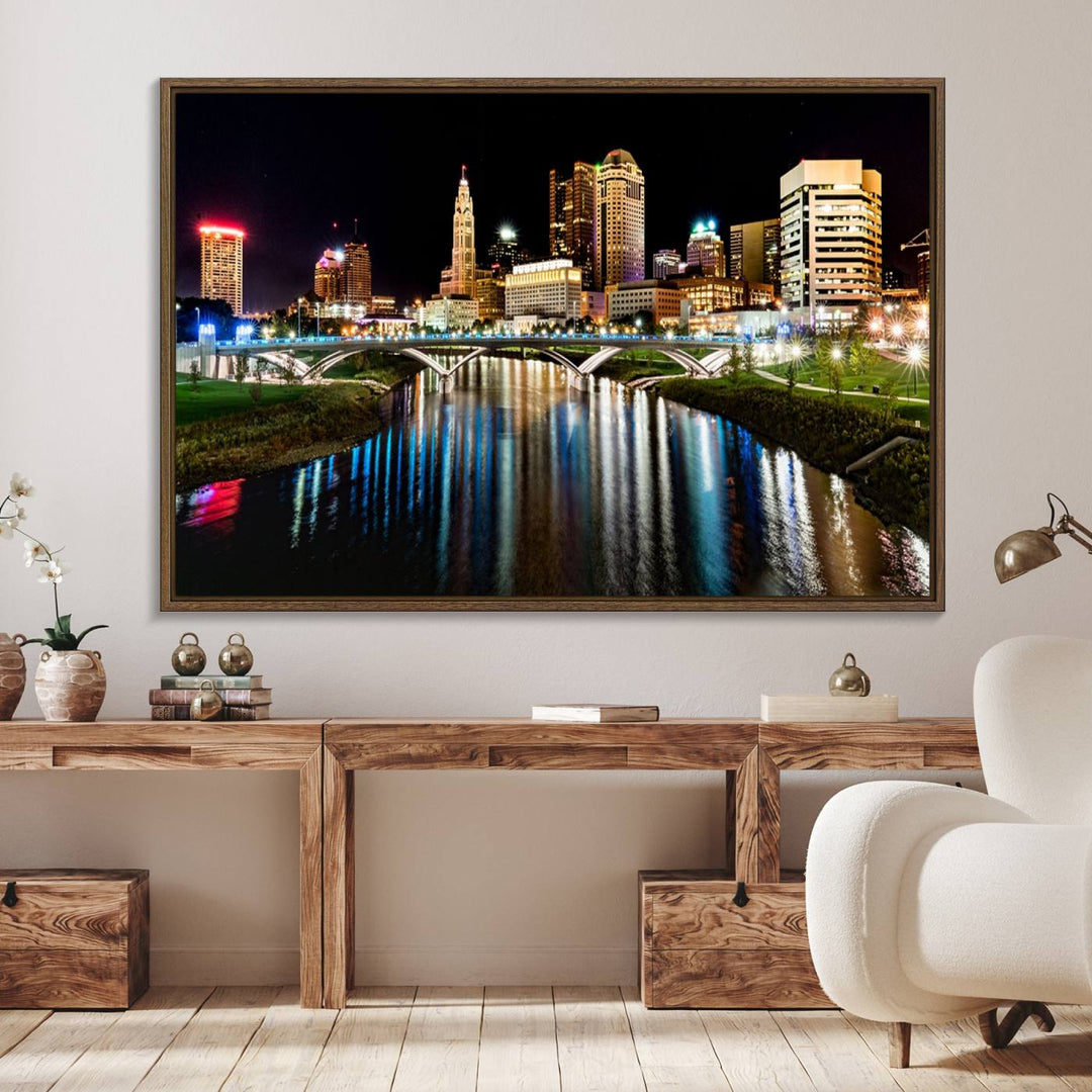 The Columbus City Lights Night Skyline Wall Art Canvas Print adorns the wall.