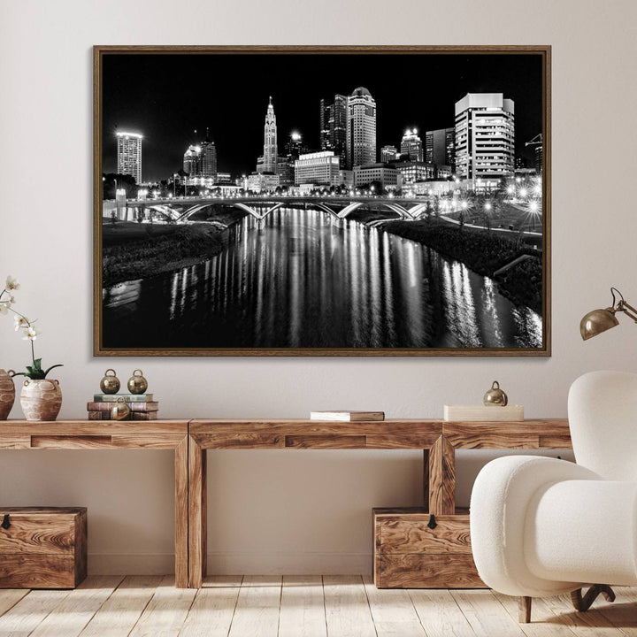 Columbus City Lights Skyline Black and White Canvas with UV coating.