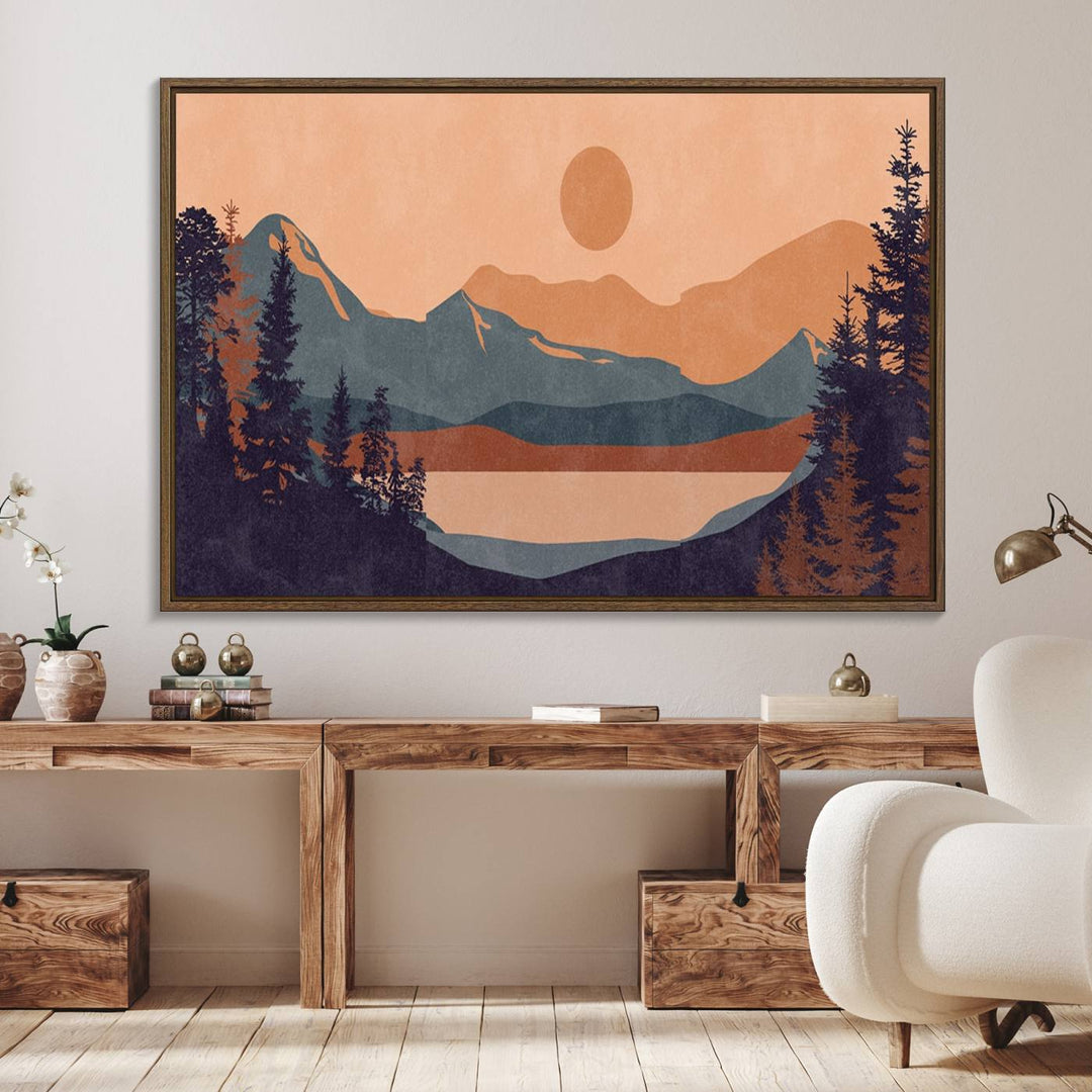 The Modern Boho Sunset Triptych displays a mountain sunset.