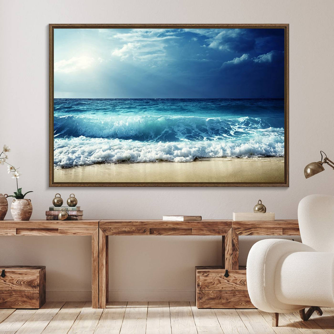 The Majestic Ocean Wave Wall Art Canvas, a 3-panel seascape print, is featured prominently.