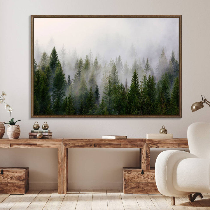 Misty Pine Forest Canvas Print serves as a foggy forest decor piece in the kitchen.