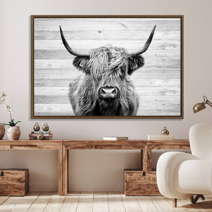 Scottish Highland Cow Cattle Art adds rustic farmhouse charm to the space.