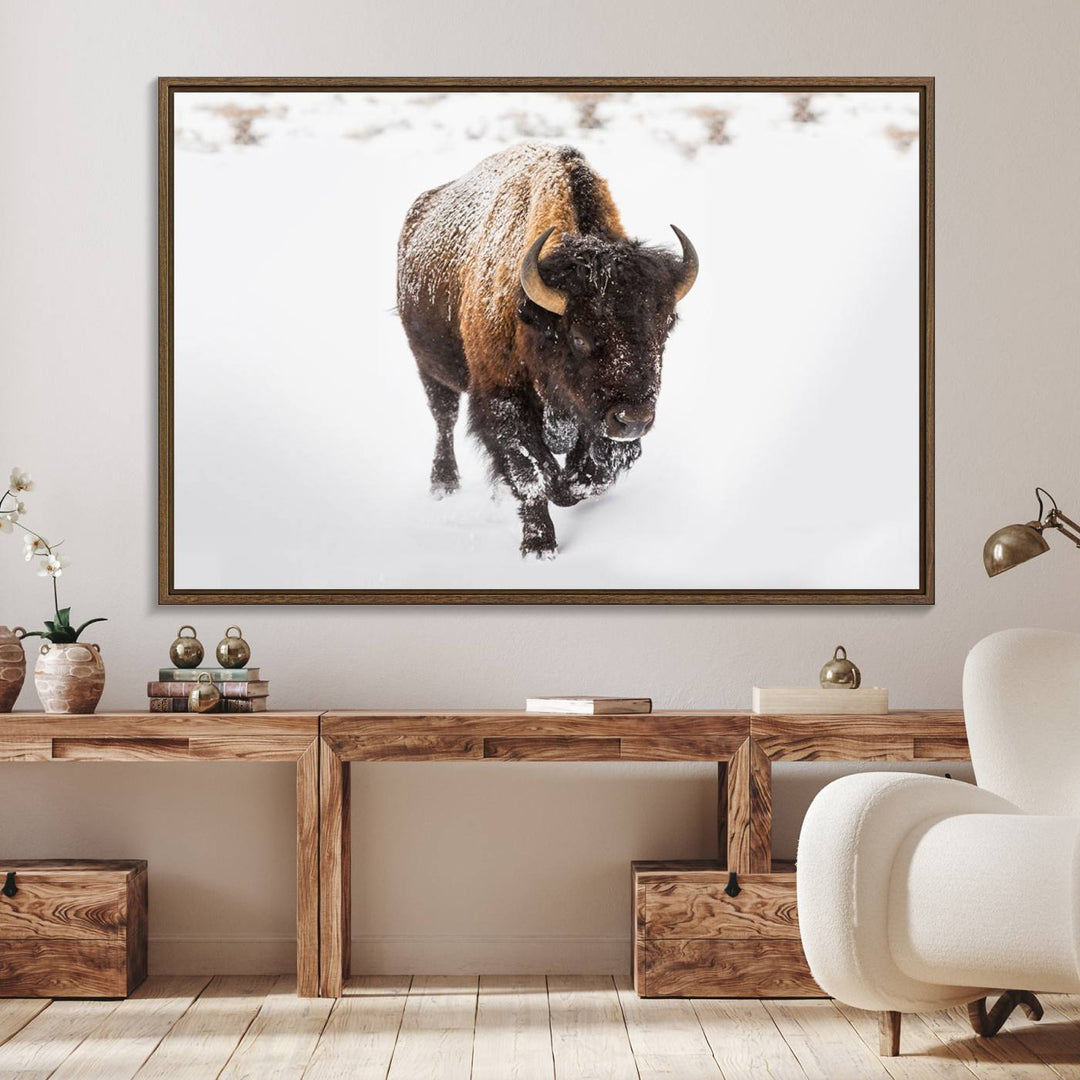 Bison Winter Wall Art Canvas Print for farmhouse decor.