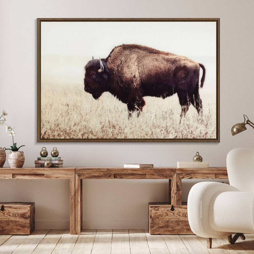 The dining room showcases the Bison in Field canvas print.