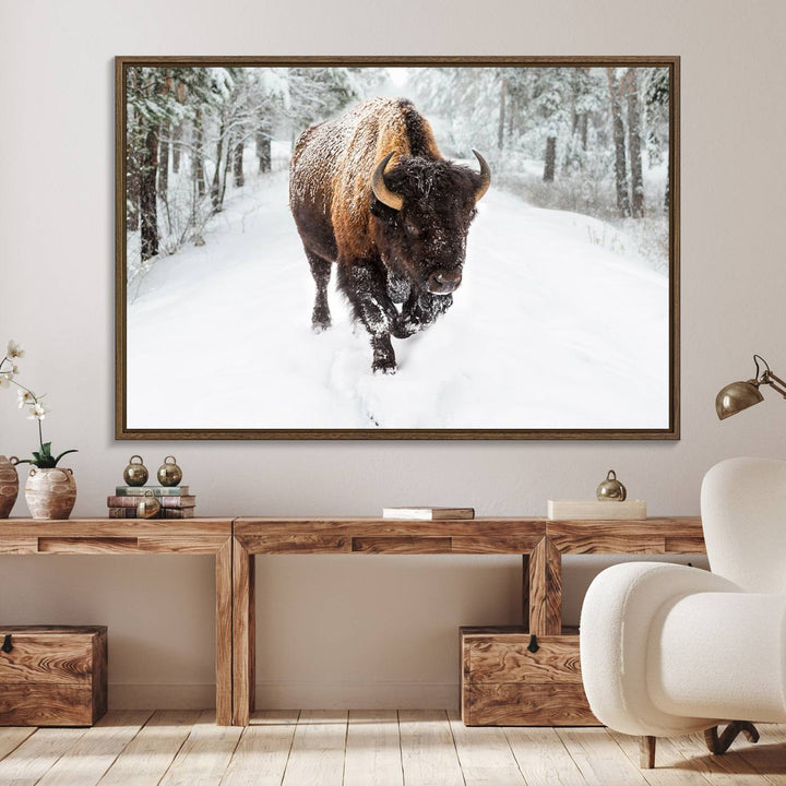 The dining area showcases the Bison Wall Art Canvas Print for Farmhouse.