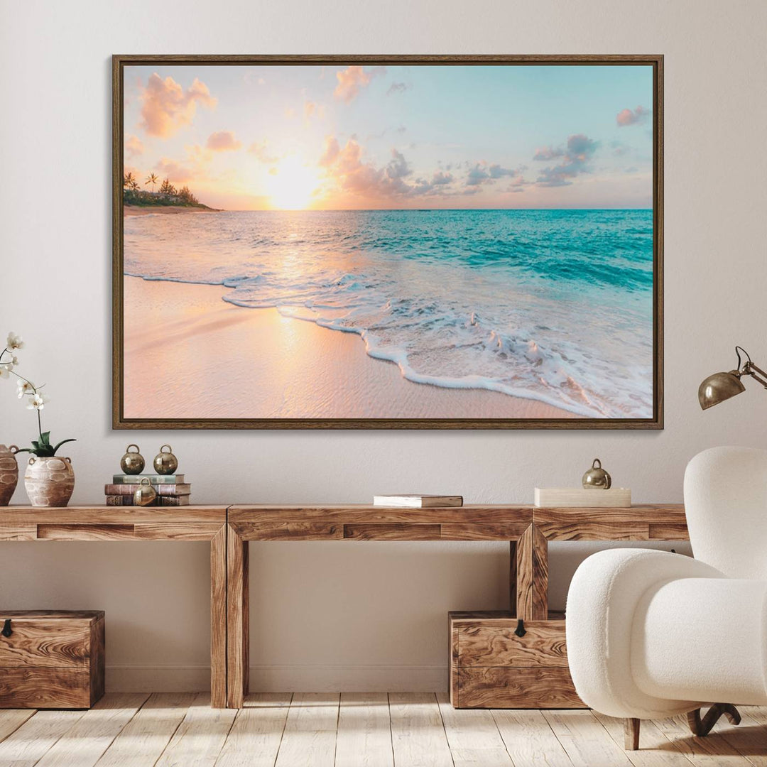 The kitchen features the Beach Sunrise Wall Art, Coastal Sunset Beach Scene.