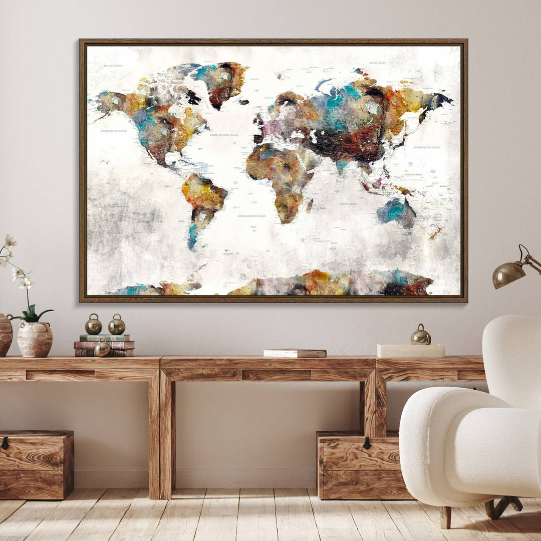 The Colorful World Map Wall Art Canvas Print adds vibrance to the space, ideal for geography lovers.